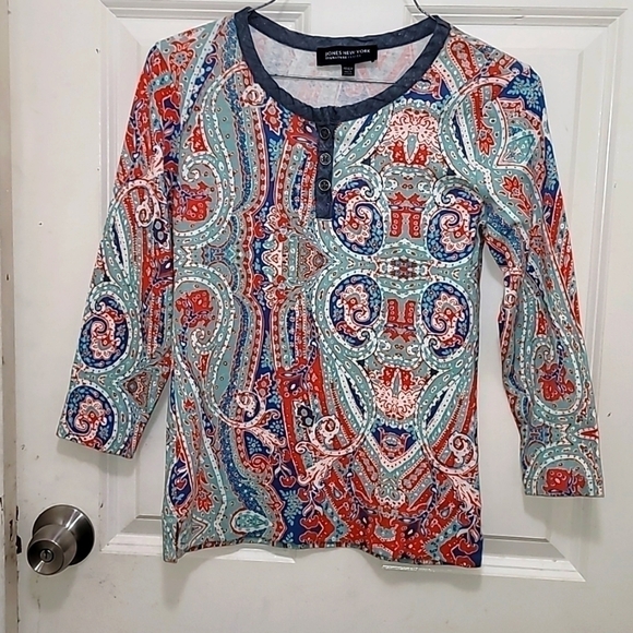 JONES NEW YORK  SPORT BLUE/RED LONG SLEEVE FLORAL PRINT TOP SIZE PP/CH - Picture 1 of 6